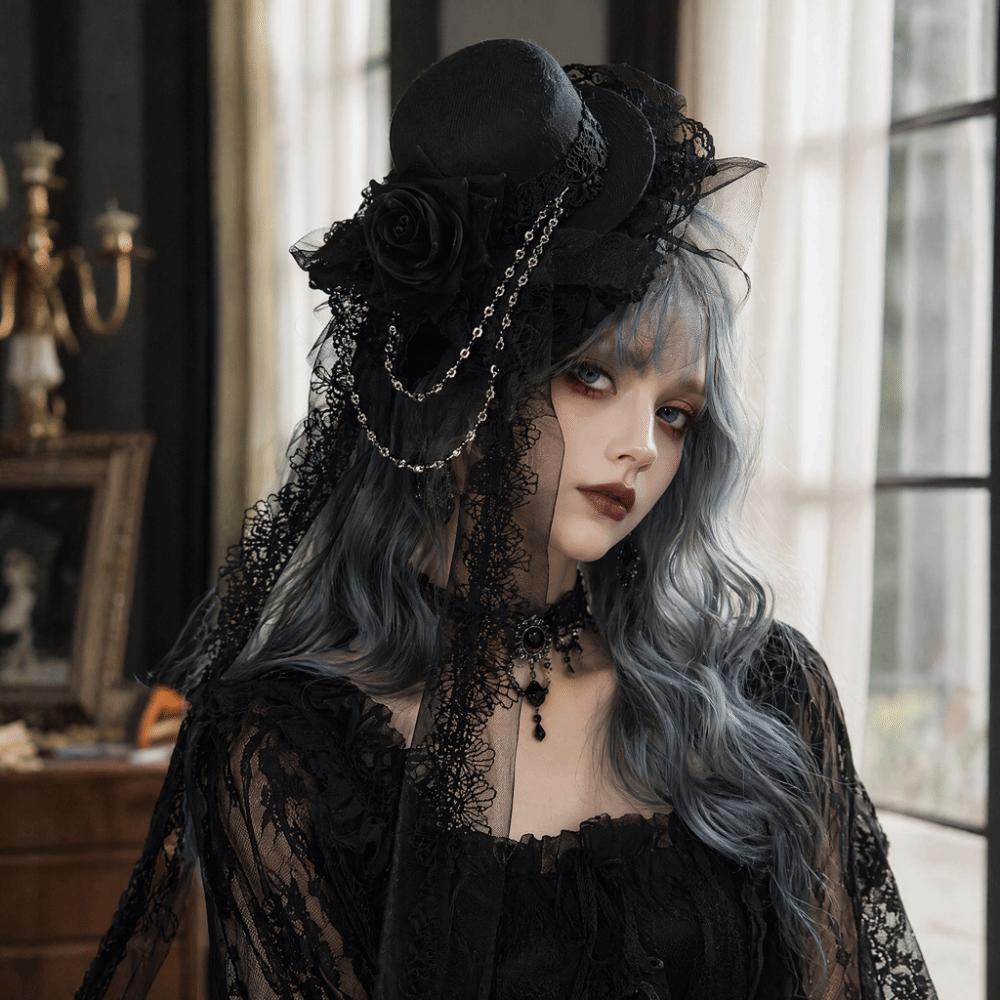 Rose Decoration Mini Top Chiffon Rose Hat Lace Retro Small Top Hat Gothic Lace Veil Fashion Items