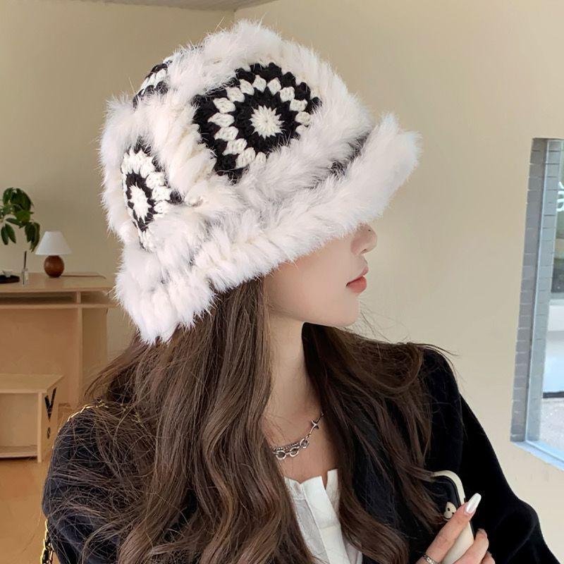 Rabbit Hat Women's Autumn and Winter New Tiger Head Lion Hat Fashion Warm Bucket Hat Fluff Woven Fur Hat