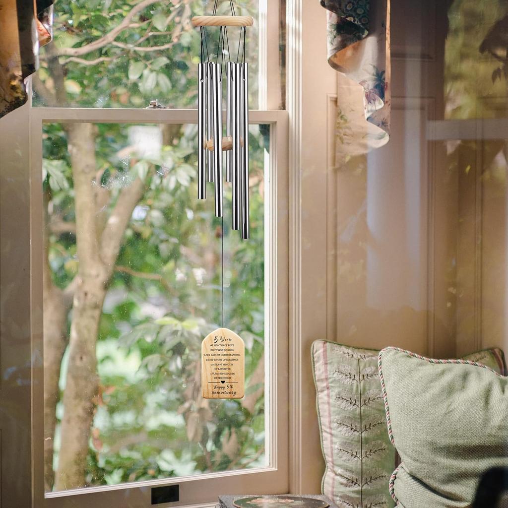 5 Years Anniversary Wind Chime, Happy 5th Anniversary Gift, 5 Years of Marriage, Wood Wedding Anniversary Keepsake for Couples Husband Wife,