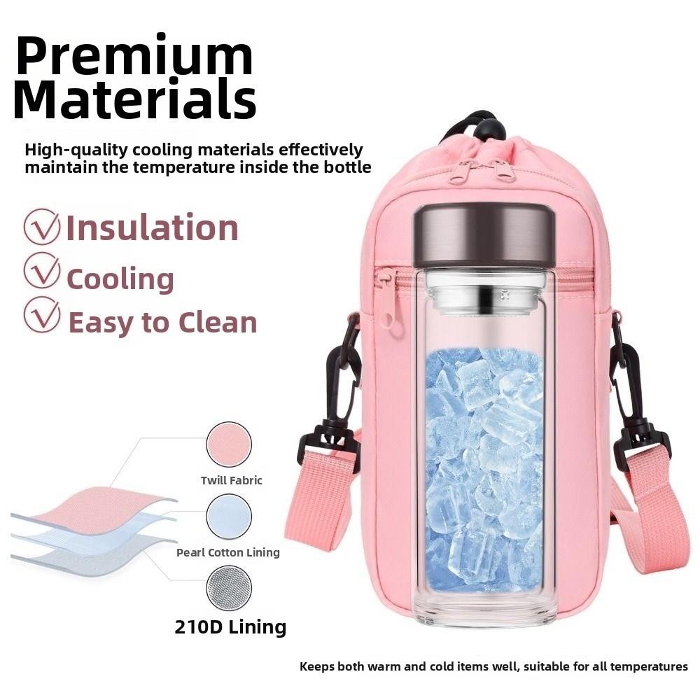 Adjustable Shoulder Strap Crossbody Water Bottle Bag Drawstring Design Insulation Cup Sleeve Hands-Free Mobile Phone Pocket