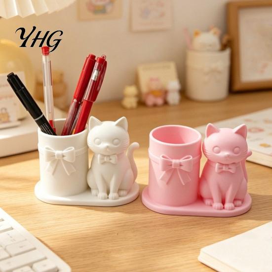 Minimalist Brush Holder 3D Print Cat Pen Holder, Matte PLA Pencil And Makeup Office Desk Organizer Storage Container, Stable Wide Base Bow Design Art