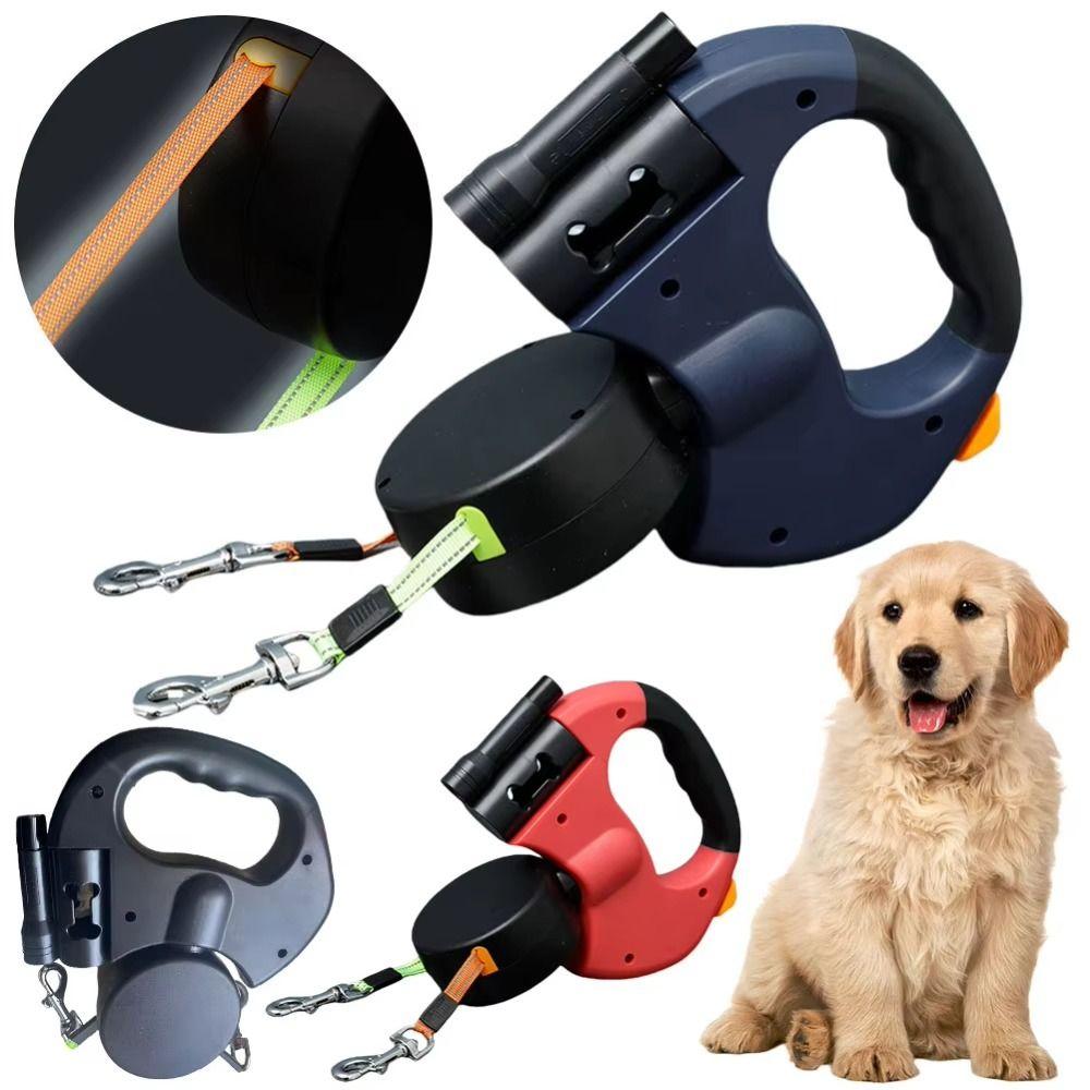 With Flashlight Dual Dog Retractable Leash Poop Bag Holder Retractable Double Pet Leash LED Lights 360° Rotating