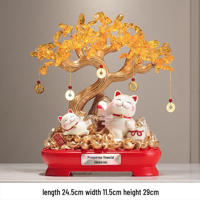 Fortune Cat Money Tree Figurine - Office, Shop, Reception & Housewarming Decoration