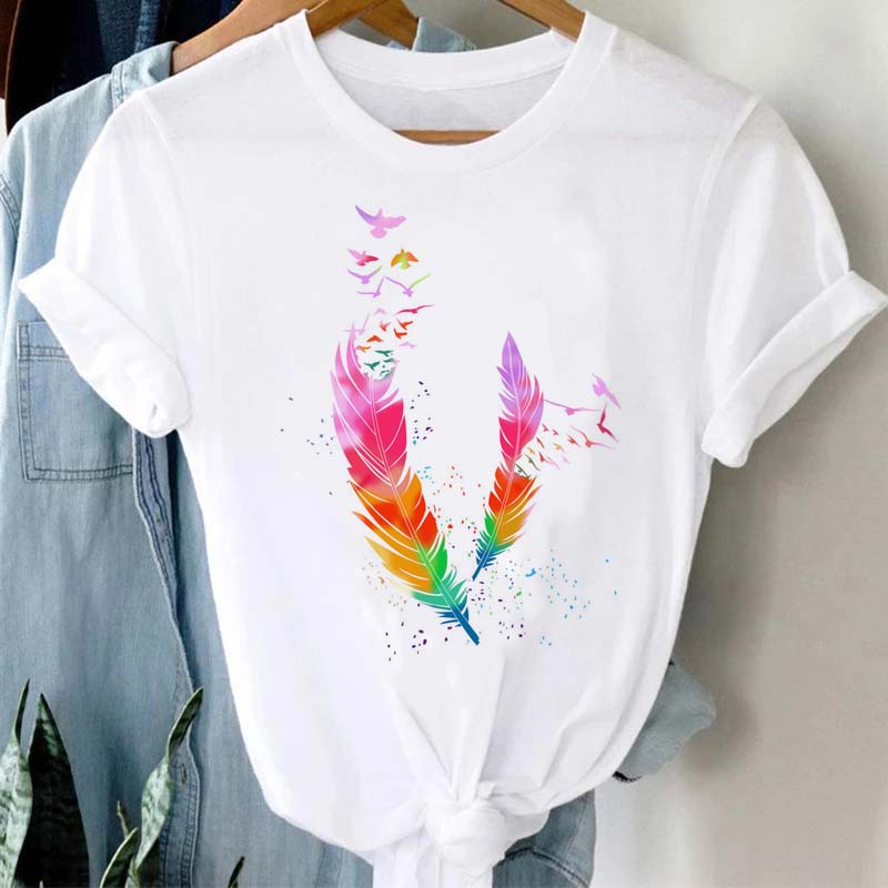 Women's T-shirt Watercolor Feather Graphic Printed T Shirt Women Short Sleeve Tshirt 90s Streetwear Female Clothes Tops
