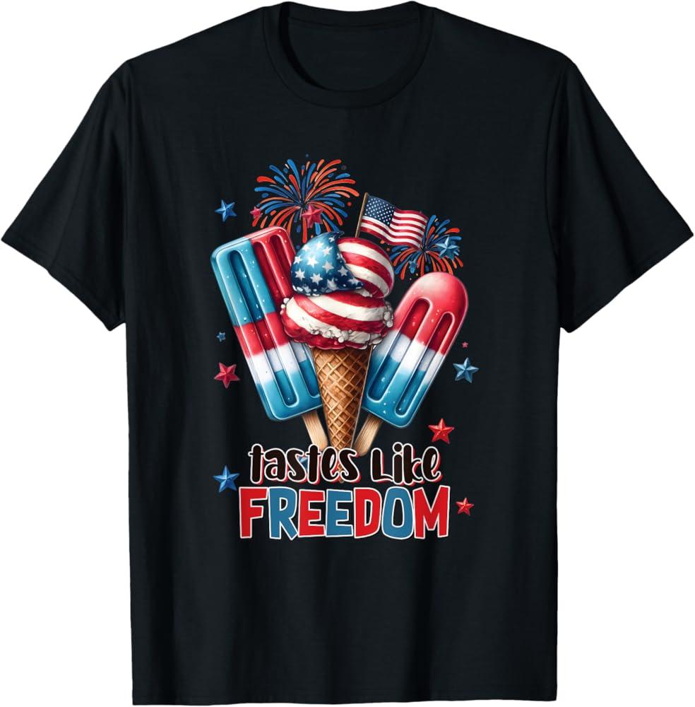 Red White Blue Ice Cream Popsicle Freedom Graphic Tshirt 4th Of July Patriotic Summer Casual Cotton Tee