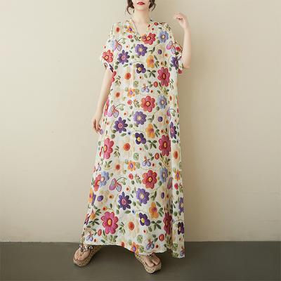 DIMANAF Plus Size 2025 Women Summer Short Sleeve Dress Basic Casual Loose Vintage Bohemian Floral Printing Dress New