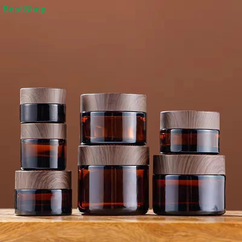 Amber Glass Cosmetic Jars with Wood Grain Lids – Refillable Containers for Cream, Lotion & Skincare