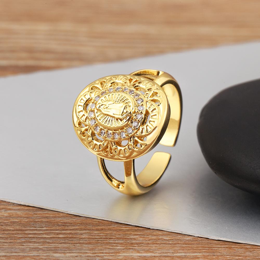 Nidin New Retro Round/Oval Shape Virgin Mary Charm Open Rings Adjustable For Women Men Shine Zircon Finger Jewelry Accessories
