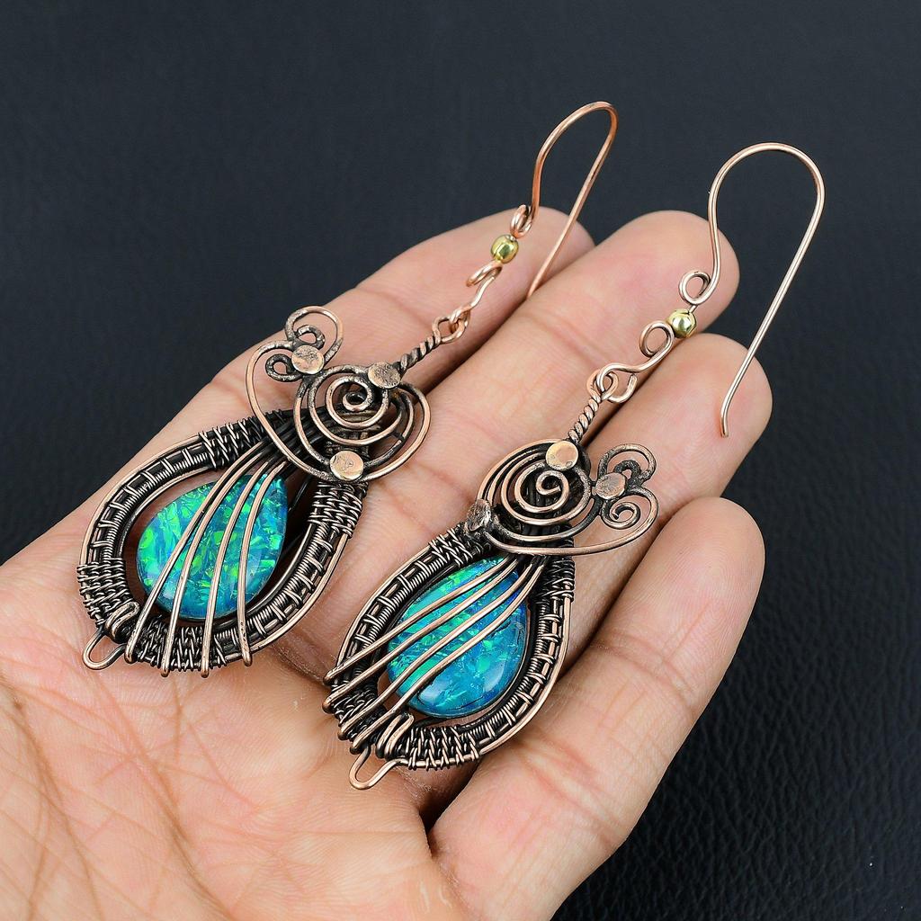 Australischer Triplet-Opal-Edelstein, handgefertigt, aus reinem Kupferdraht, umwickelte Ohrringe, Schmuck