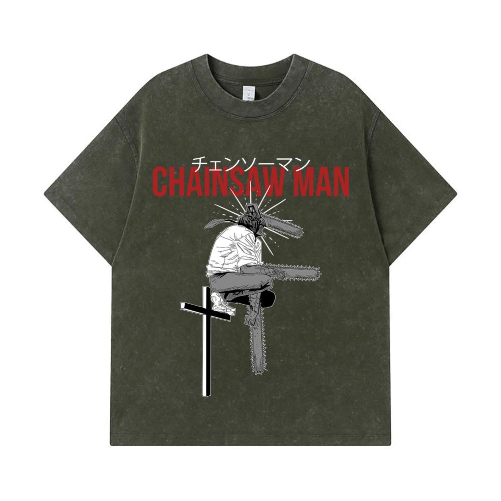 275 GSM Washed T-shirts 100% Cotton Chainsaw Man V41 Denji Print Unisex Heavy Cotton T Shirt