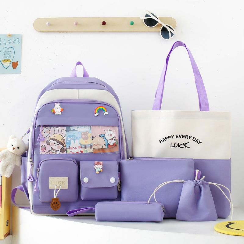 School Bag New Trend Five-piece School Bag Female Color Matching Primary and Secondary School Students Backpack High Value Dirt-resistant Backpack