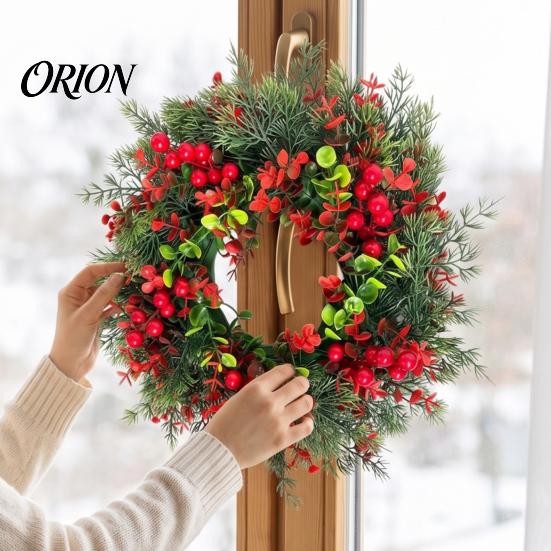Weatherproof Winter Wreath for Porch Christmas with Red Berries Eucalyptus Pinecones, Artificial Front Door Natural Look Greenery Hanging Garland