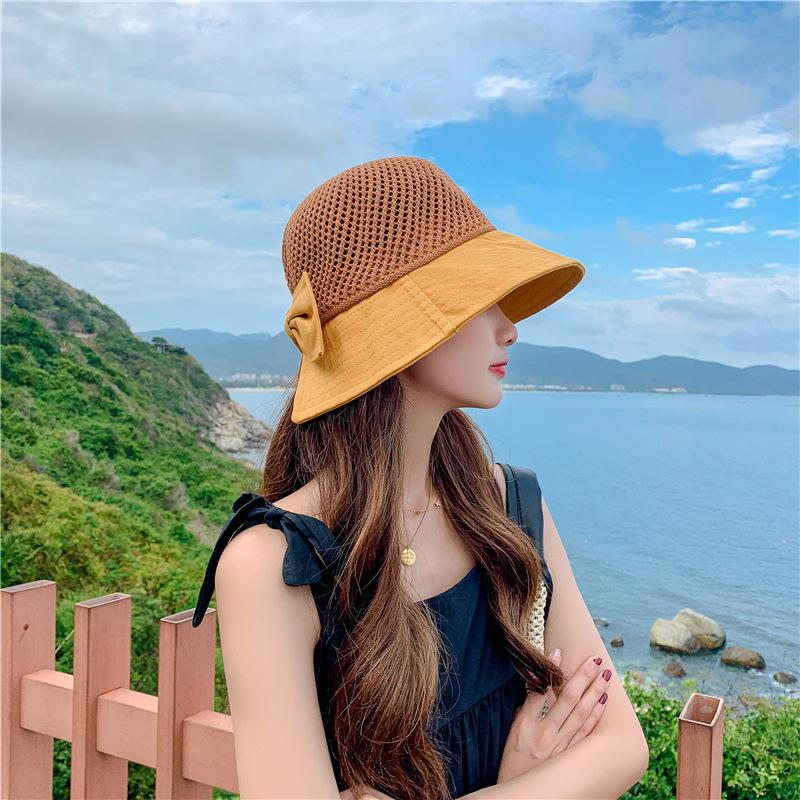 Hat women's summer mesh breathable versatile bucket hat basin hat bow sunshade sunscreen beach sun hat