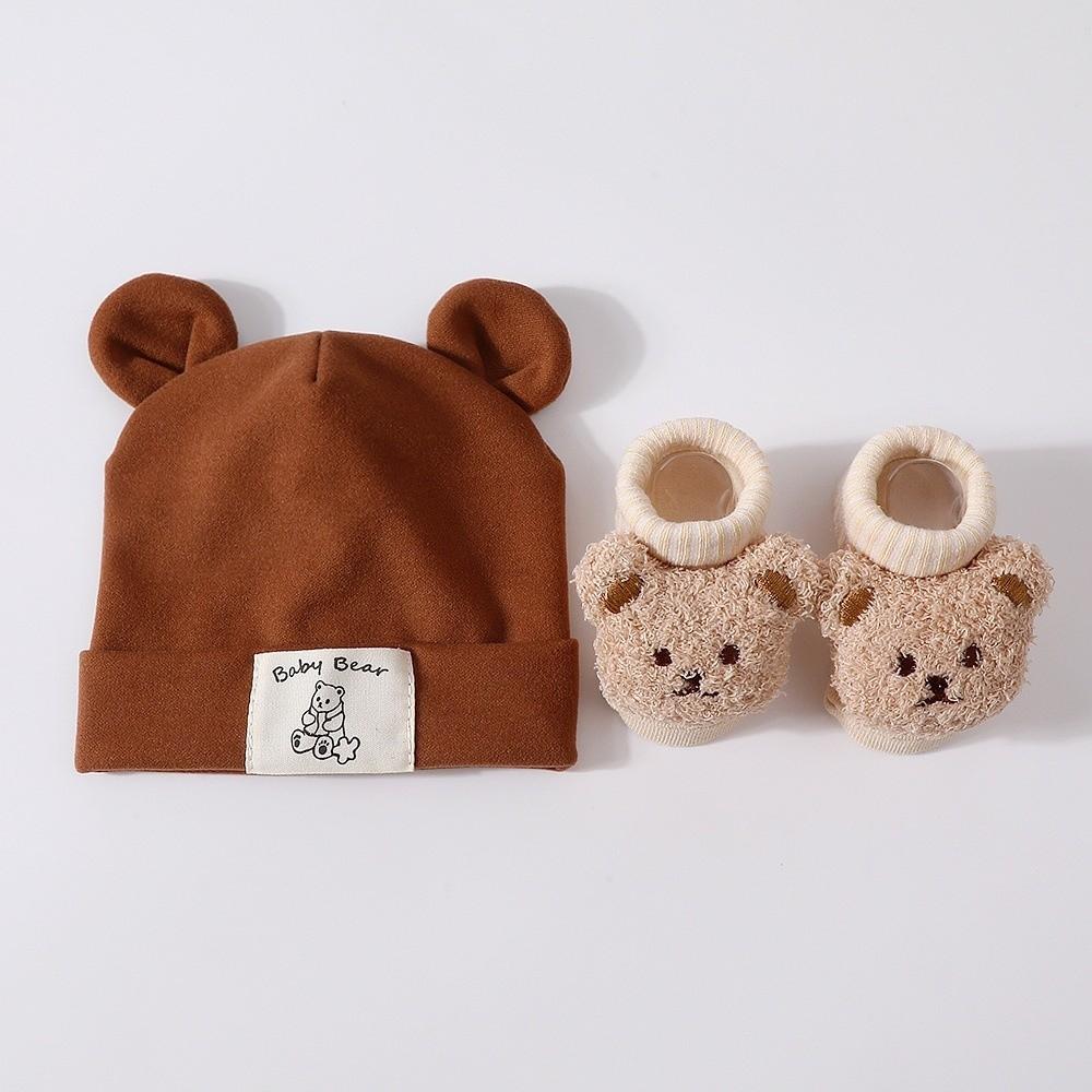 2Pcs/Set Warm Bear Ear Beanie Cotton Infant Cap Socks Cute Baby Turban Socks  Autumn Winter