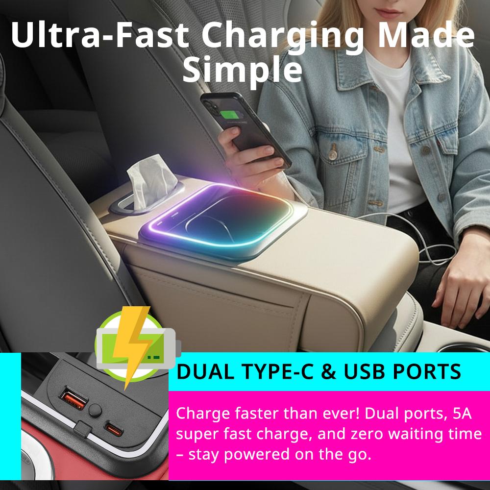 Multifunctional Car Armrest Cushion Center Console Pillow Seat Cover with Storage Organizers Cup Holder Tissue Box Phone Slot