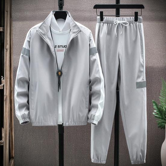 2Pcs/Set Men Sportswear Set Patchwork Color Stand Collar Long Sleeve Zipper Placket Jacket Elastic Waistband Drawstring