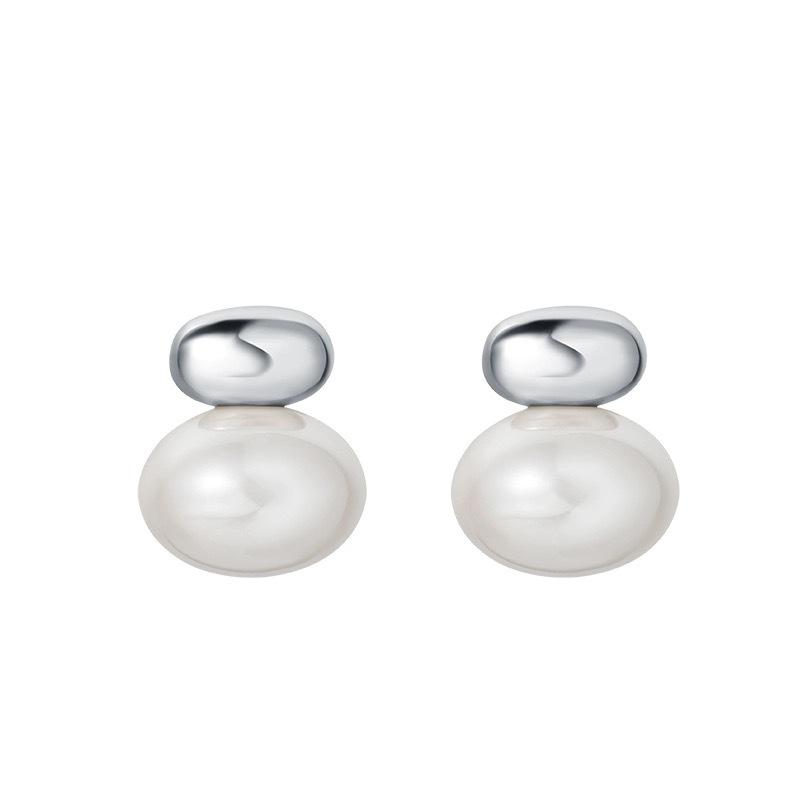 Silver Needle S Home Flat Round Steamed Bread Pearl Stud Earrings Women'S Explosive Light Luxury High Temperament Earrings Earrings