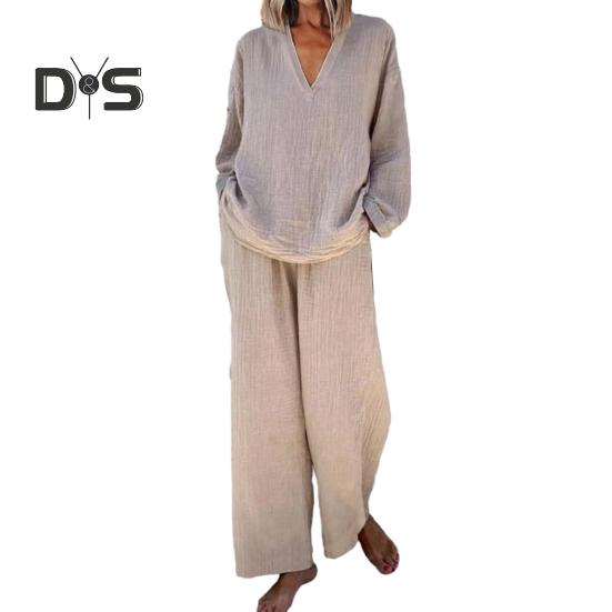 

Женский свободный комплект из 2 предметов: топ с длинным рукавом и V-образным вырезом, широкие брюки с карманами, повседневная домашняя одежда, спортивный костюм 2XL