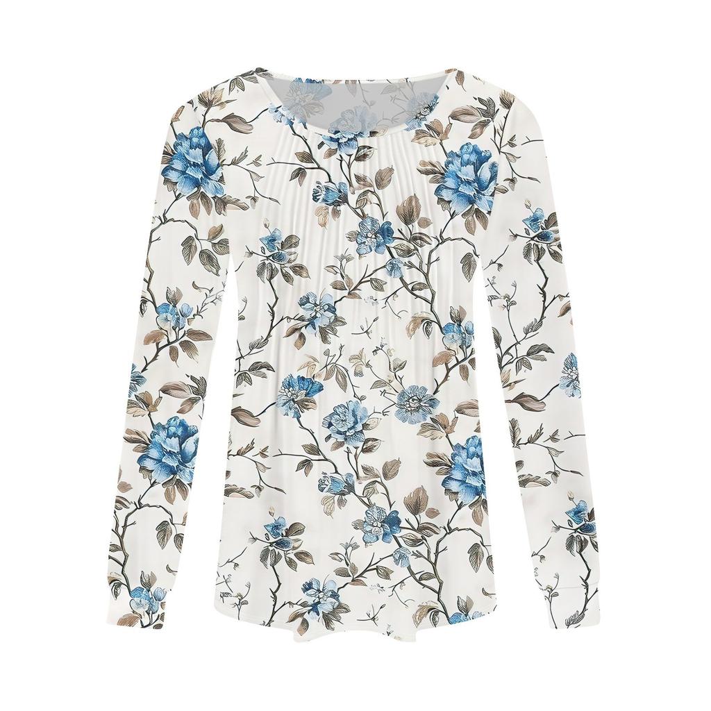 Camisas de manga larga para mujer Tops Blusas casuales elegantes plisadas con cuello redondo