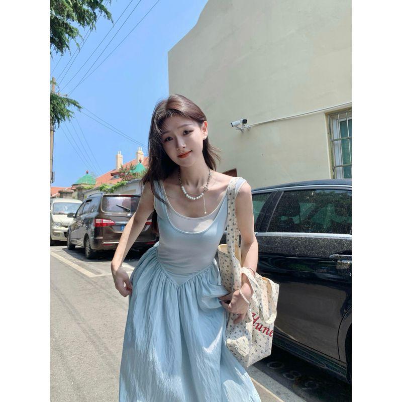 Kumikumi French Style Gentle Style Niche Vest Dress Women Summer Slim Fit Slimming Temperament Blue Large Swing Skirt