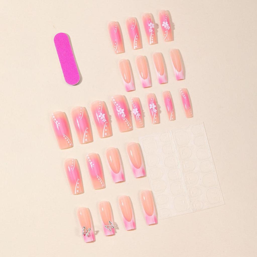 Detachable Long Pipe Blush Nails with 5-Petal Flower & 3D Butterfly Design