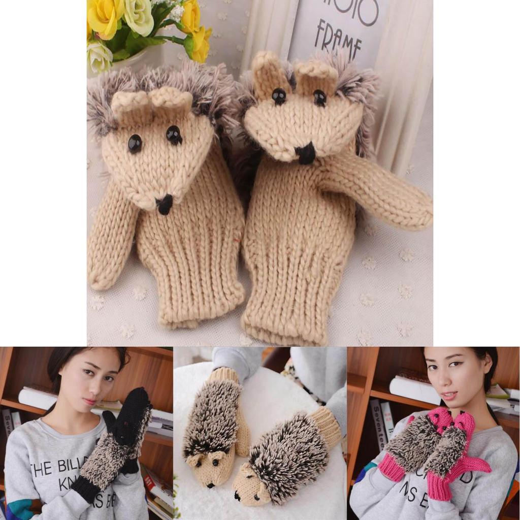 Cozy Women Girls Warm Cartoon Hedgehog Gloves Soft Knitted Winter Mittens