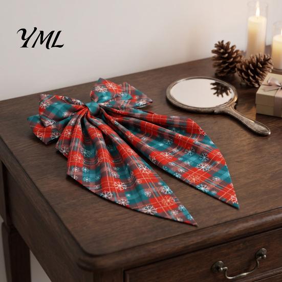 Christmas Tree Hair Ornaments Large Bow for Women Girls, Decorative Clip with Classic Holiday Snowflake Plaid Ties Prints, Elegant Long Tail Barrettes