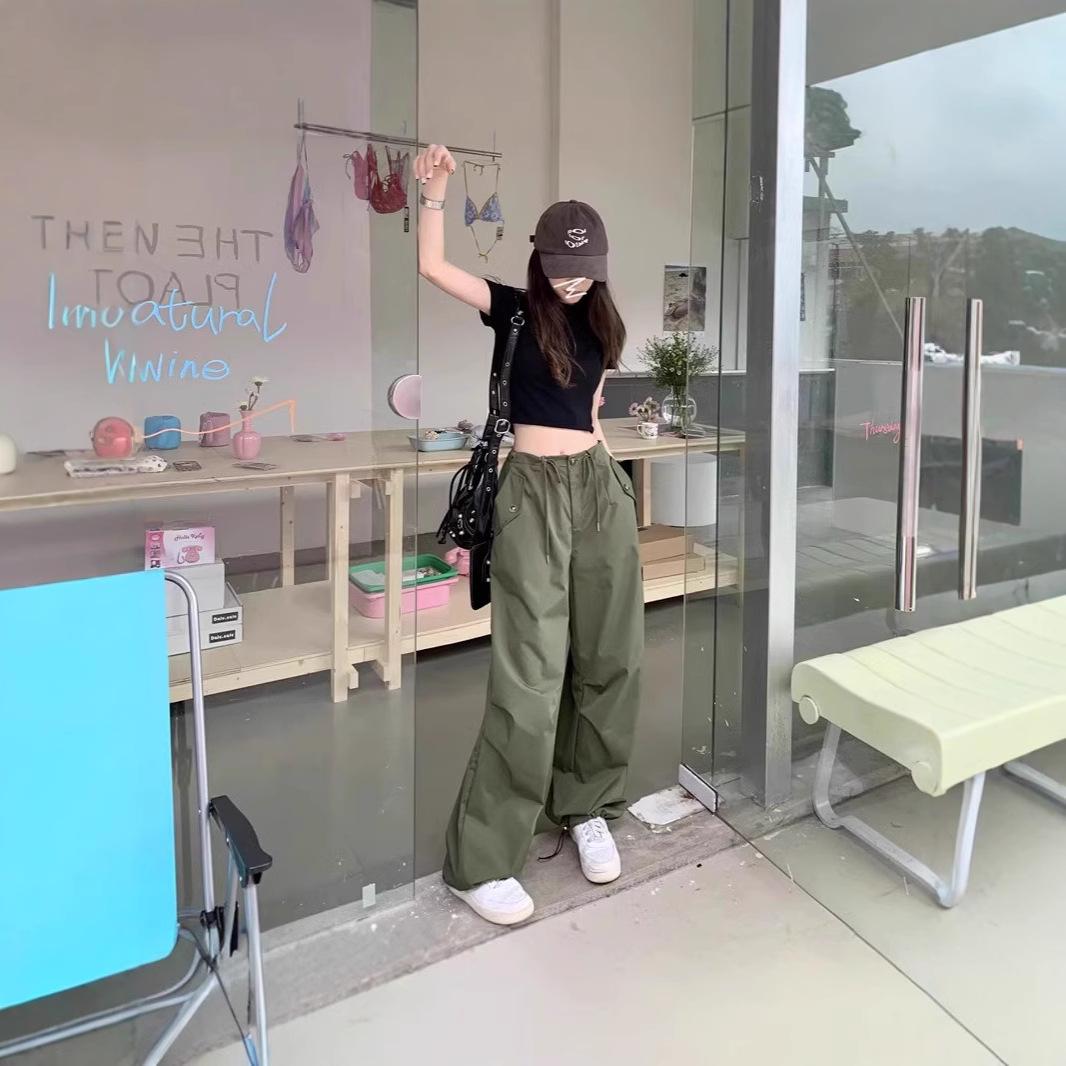 

2025 Summer Gray Drawstring Wide-Leg Casual Pants S армія зелений колір