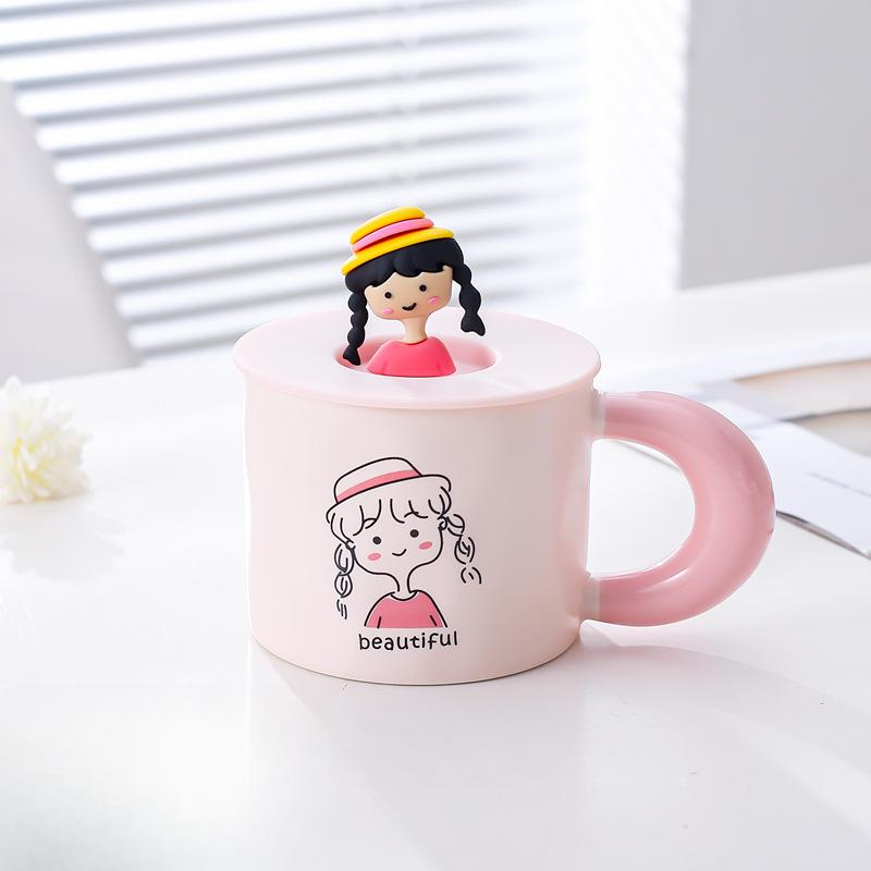 Korean Cute Cartoon Character Mug Pink Girl Heart Ceramic Cup Water Cup with Lid Coffee Cup Couple Cup