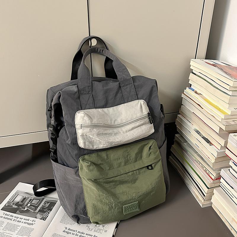 Portable backpack simple contrasting color middle school student backpack velvet square label schoolbag