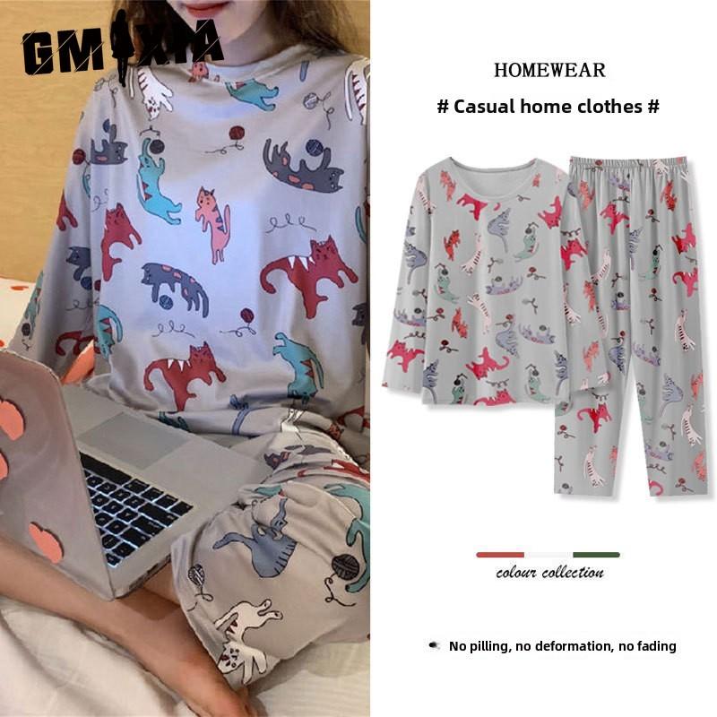 

GMXIA Pajama Women s Spring and Autumn Long-sleeved Loose Large-sized Home Wear Set, Women s Thin Long Pants Pajama Two-piece Set, Can Be Worn Outside XXL