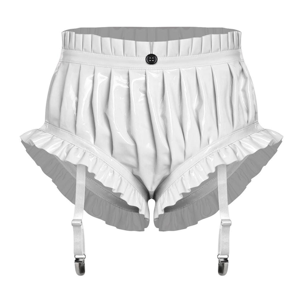 Slip da Donna in Ecopelle con Bordi Arricciati Pantaloncini Bloomer Pieghettati Clip per Reggicalze Lingerie Lucida