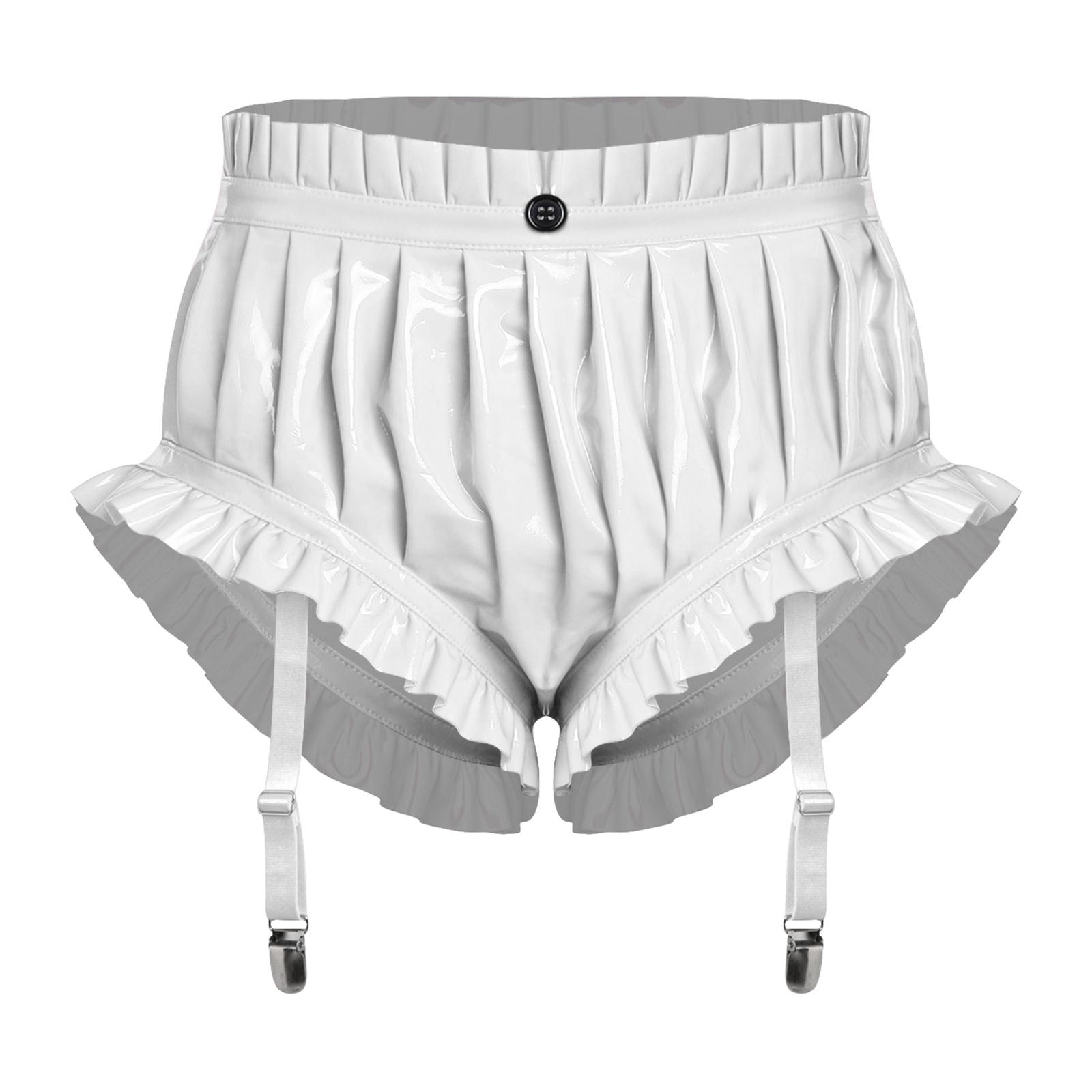 

Womens PU Leather Briefs Underwear Ruffled Trim Ruched Bloomer Shorts Garter Clips Glossy Nightwear S білий