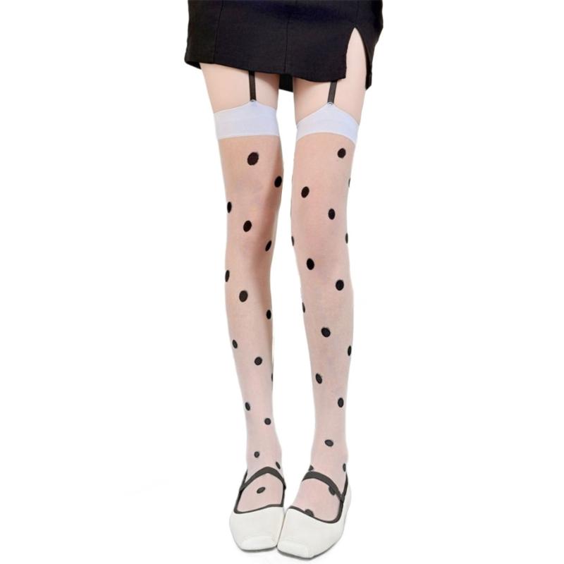 Women Stockings with Attached Garter Belt Japanese Round Dot Jacquard Pattern Sheer Pantyhose Tights Thigh High Long Socks