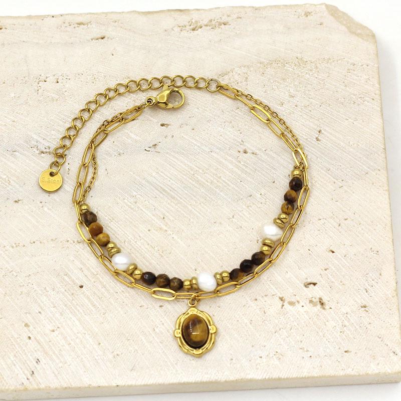Gold Plated Stainless Steel Tiger Eye & Crushed Stone Beaded Bracelet for Women - Retro Luxury Jewelry