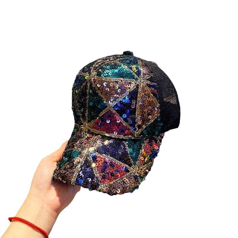 Hat Women's Color Sequins Cap Summer Breathable Mesh Baseball Cap Blue Shade Sunscreen Cap
