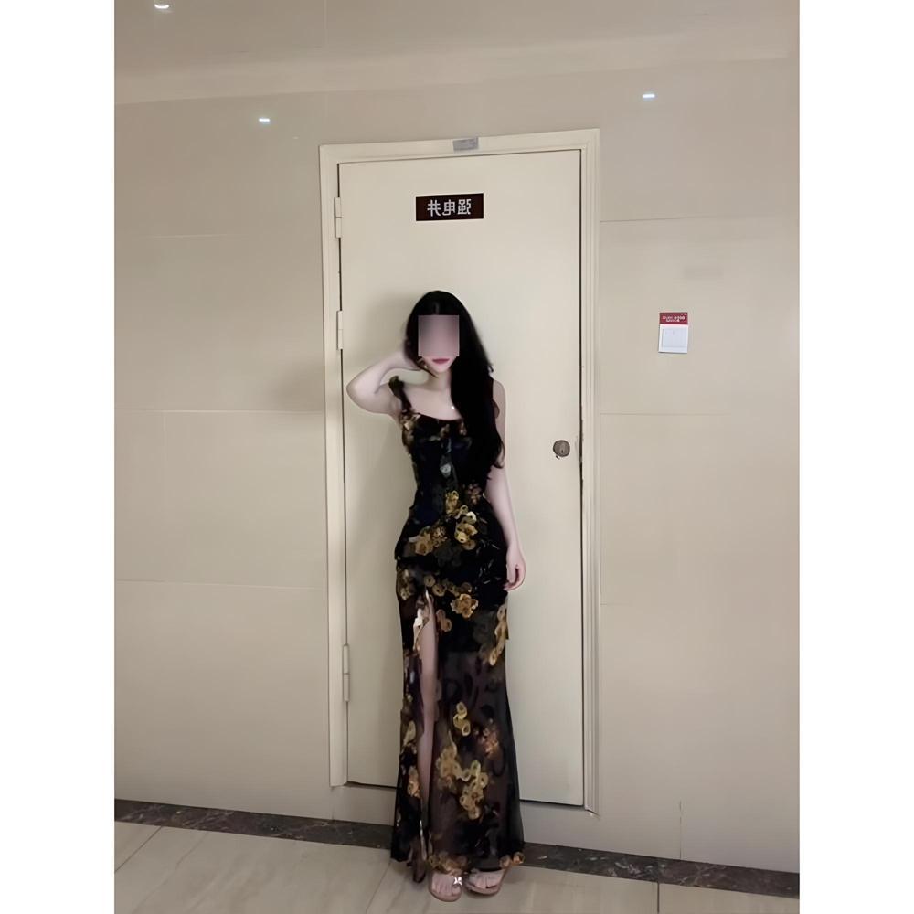 Royal sister style retro unique beautiful temperament split fork tight hip long dress floral casual suspender dress summer