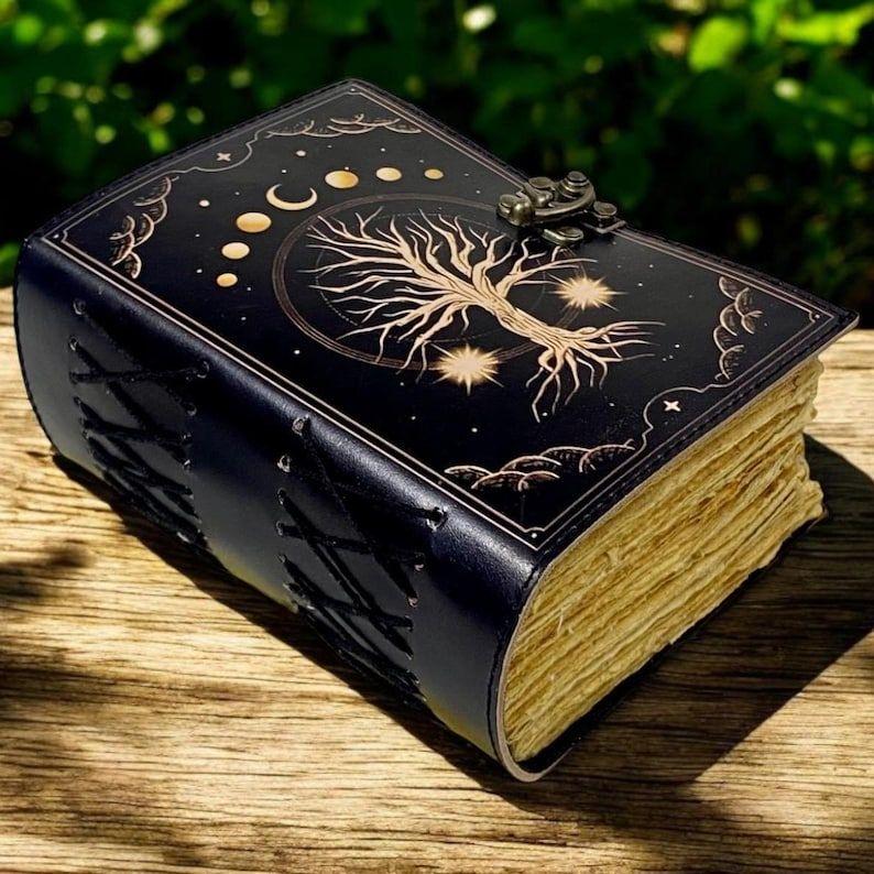 Tree of Life Leather Grimoire Journal: Blank Book of Shadows, Vintage Lock