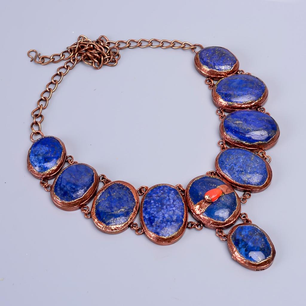 Oval Natural Lapis Lazuli Copper Unique Electroformed New Chain Necklace Jewelry V-82