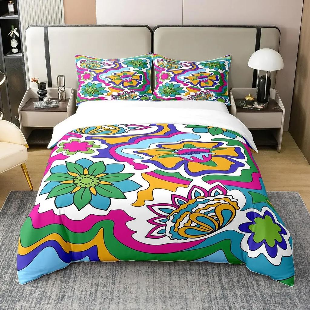 Comforter Vintage Floral Retro Polyester Comforter Colorful Daisy Bedding Set With 2 Pillow Sham Full Size 3 Pieces