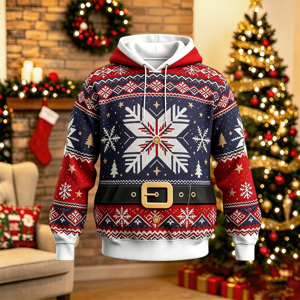 Men's Long Sleeve Hooded Sweatshirt with Christmas Print for Holiday and Casual Winter Wear