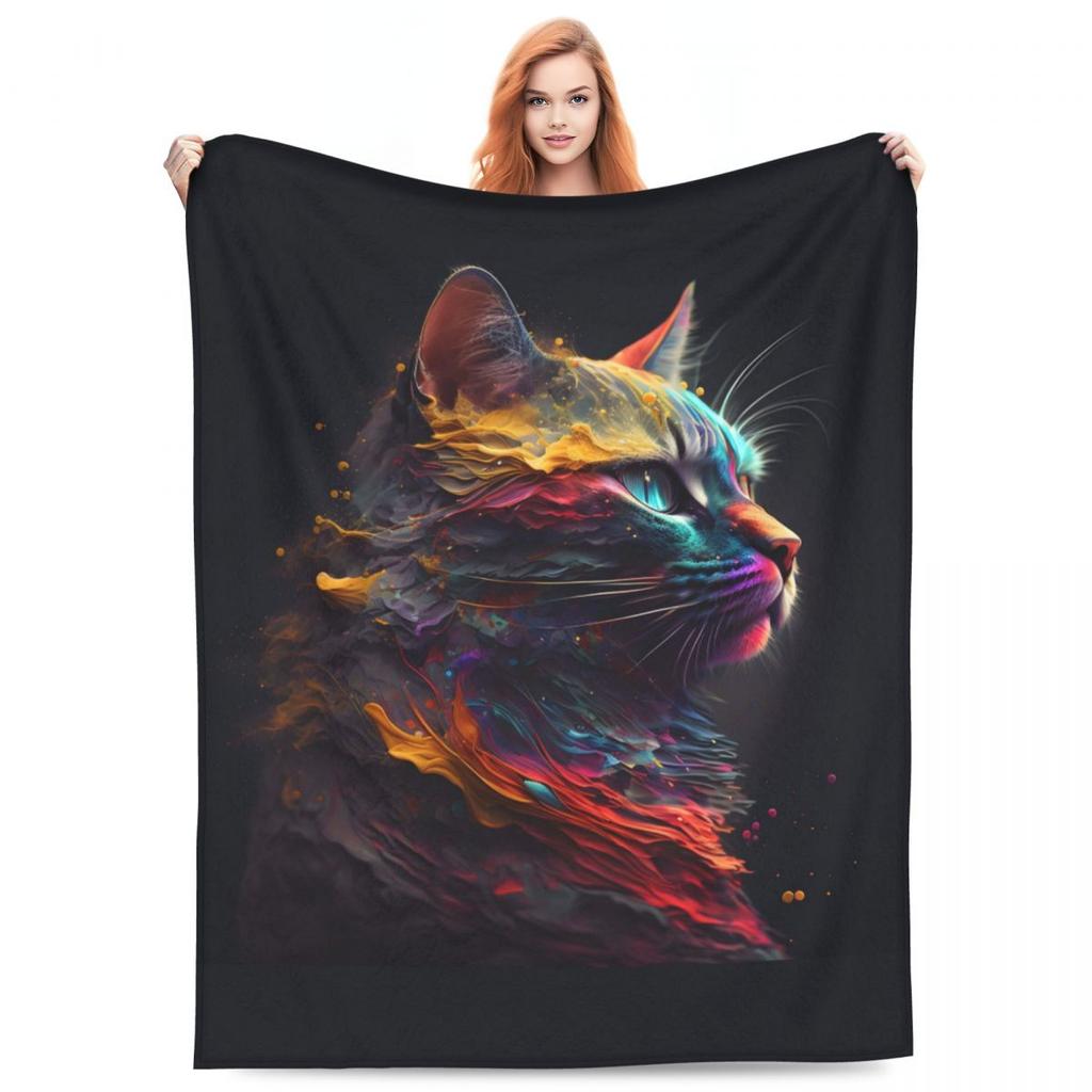 Abstract Cat Soft Durable Blanket Colorful Splash Print Camping Throw Blanket Autumn Custom DIY Flannel Bedspread Sofa Bed Cover