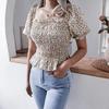 Chic bluse med blomsterprint for kvinner Vår Sommer Firkantet krage Korte lanternermer Kappehem Slank midje Chiffontopp Enkel S-XL