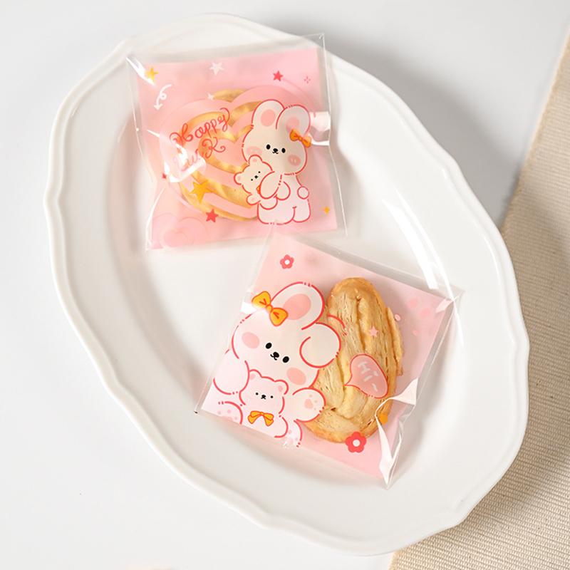 100 buc pungă autoadezivă pentru gustări, transparentă, cu desene animate, ursuleț de iepure, bomboane cadou, pungă, petrecere de ziua de naștere, cadou de copt, consumabile