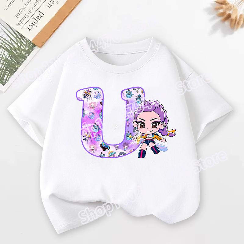 KPop Demon Hunters Child Short Sleeve T-shirt Cartoon Rumi Mira Zoey A-Z Print Cotton Tops Kawaii Summer Casual Tees Kids Gifts