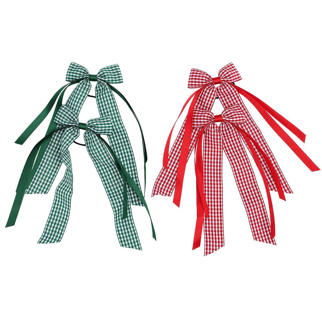 2 Pairs Gingham Hair Bows Scrunchies with Satin Ribbon Polyester Gingham Bow Hair Ties