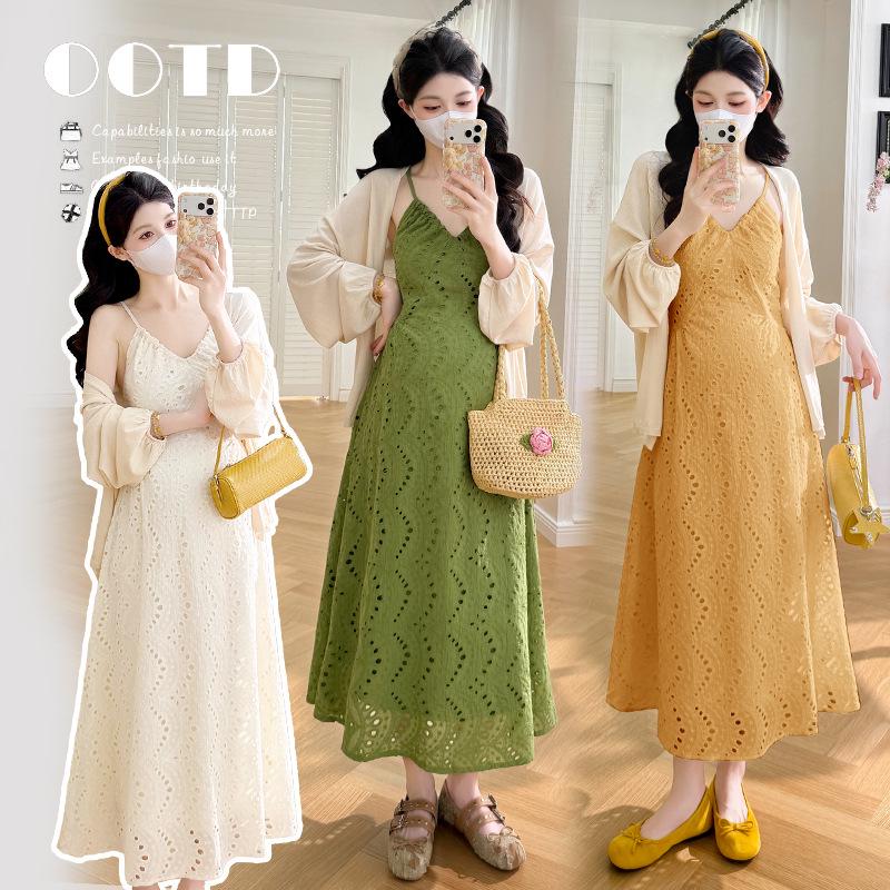 2026 French V-neck Maternity Dress & Knit Cardigan Set – Spring/Summer Holiday Style M