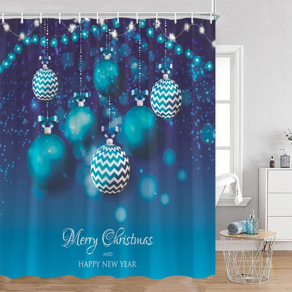 Chritsmas Shower Curtain Red Silvery Ball Xmas Balls Snowflake Pine Leaves Merry Christmas Winter Polyestert Bath Curtain Decor