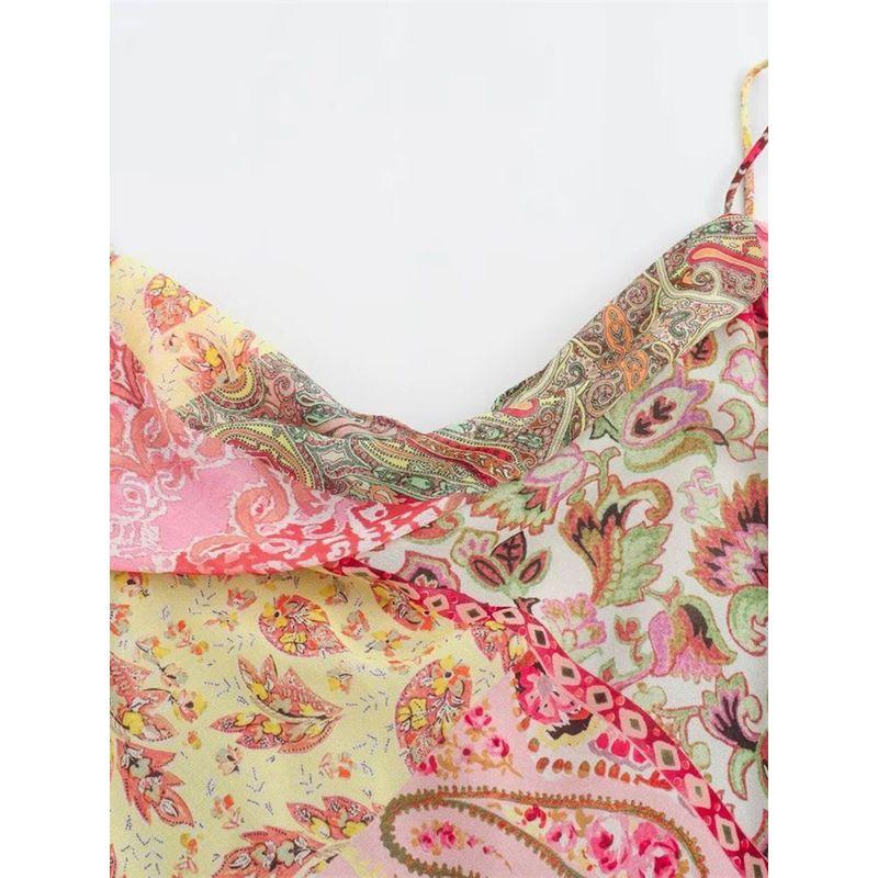 Patchwork Printed Backless Camisole Dress Patchwork Open Back Sling Dress