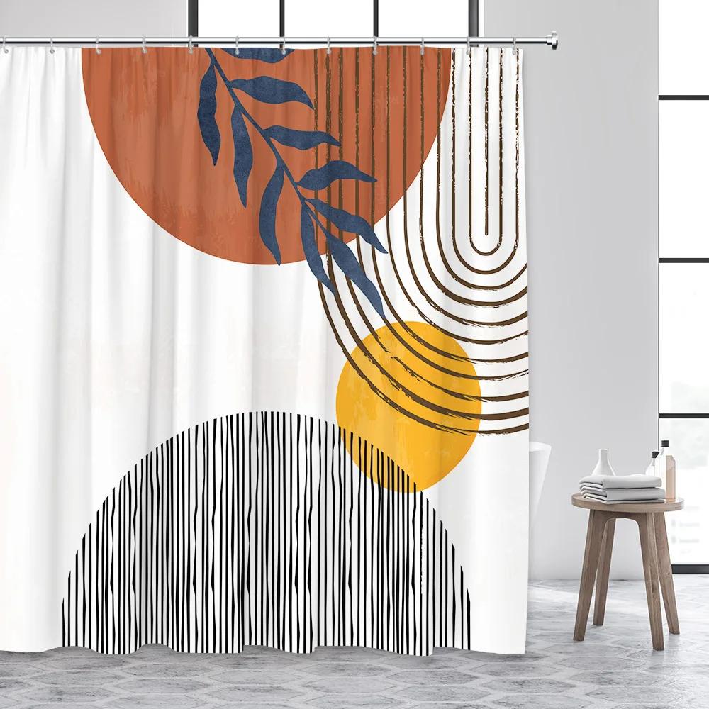Mid Century Shower Curtains Watercolor Green Leaves Black Line Creative Geometric Modern Bathroom Curtain Polyester Decor